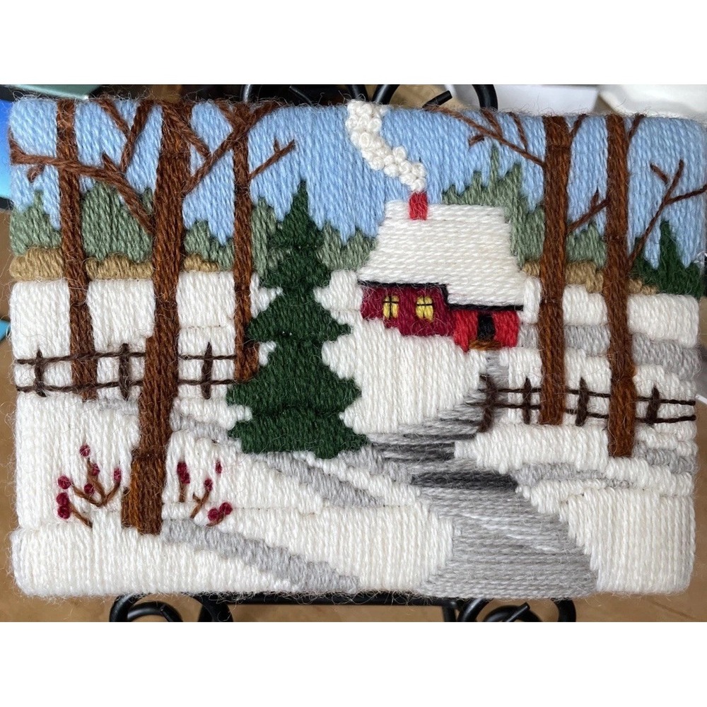 Needlepoint 5"x 7" Barn Winter Scene On Wooden Stretcher Frame Trees Cabin Snow